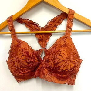 Aerie orange lace bralette bra floral flowers racer back size small